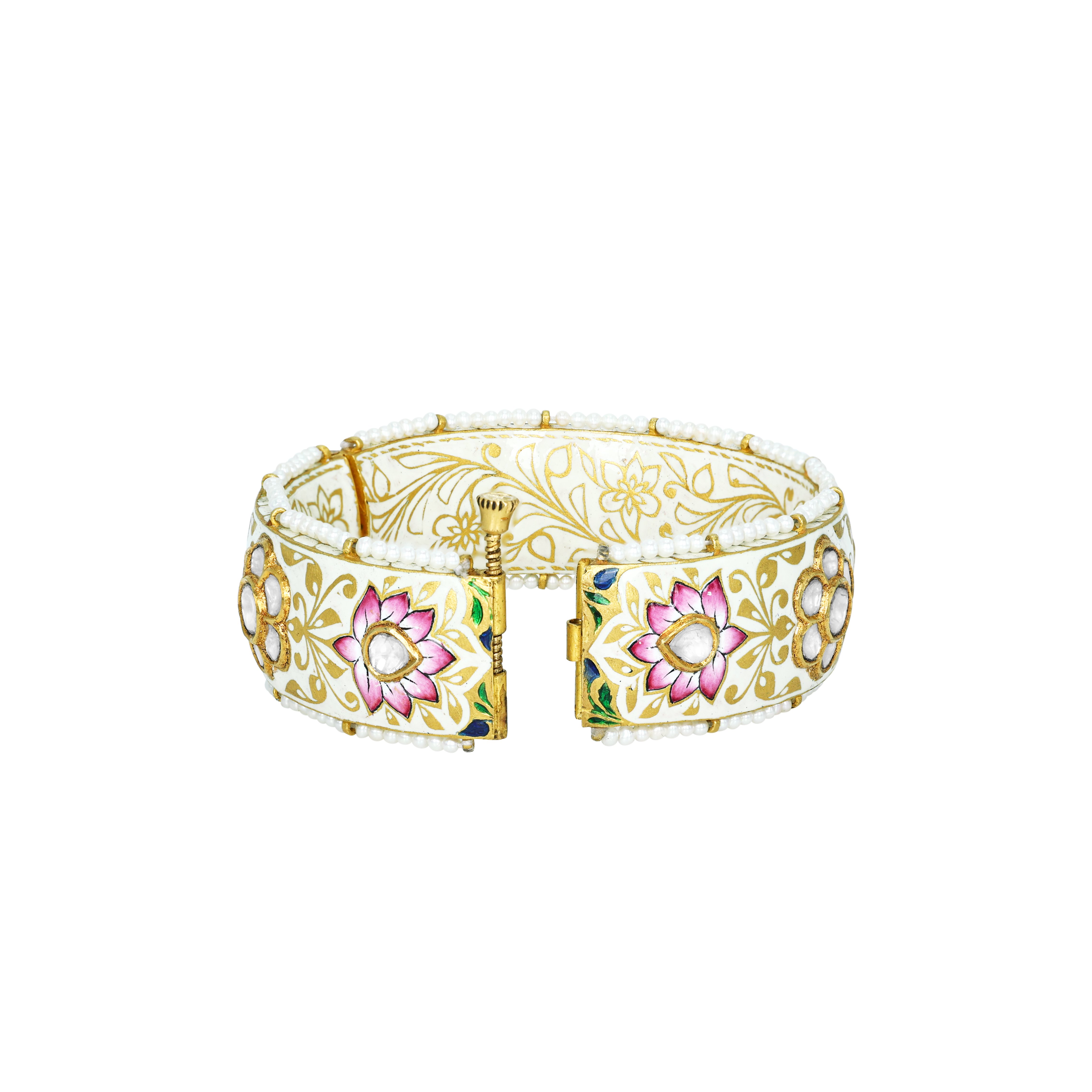 Pink Lotus Enamel Bangle with Polki and Pearl Edges